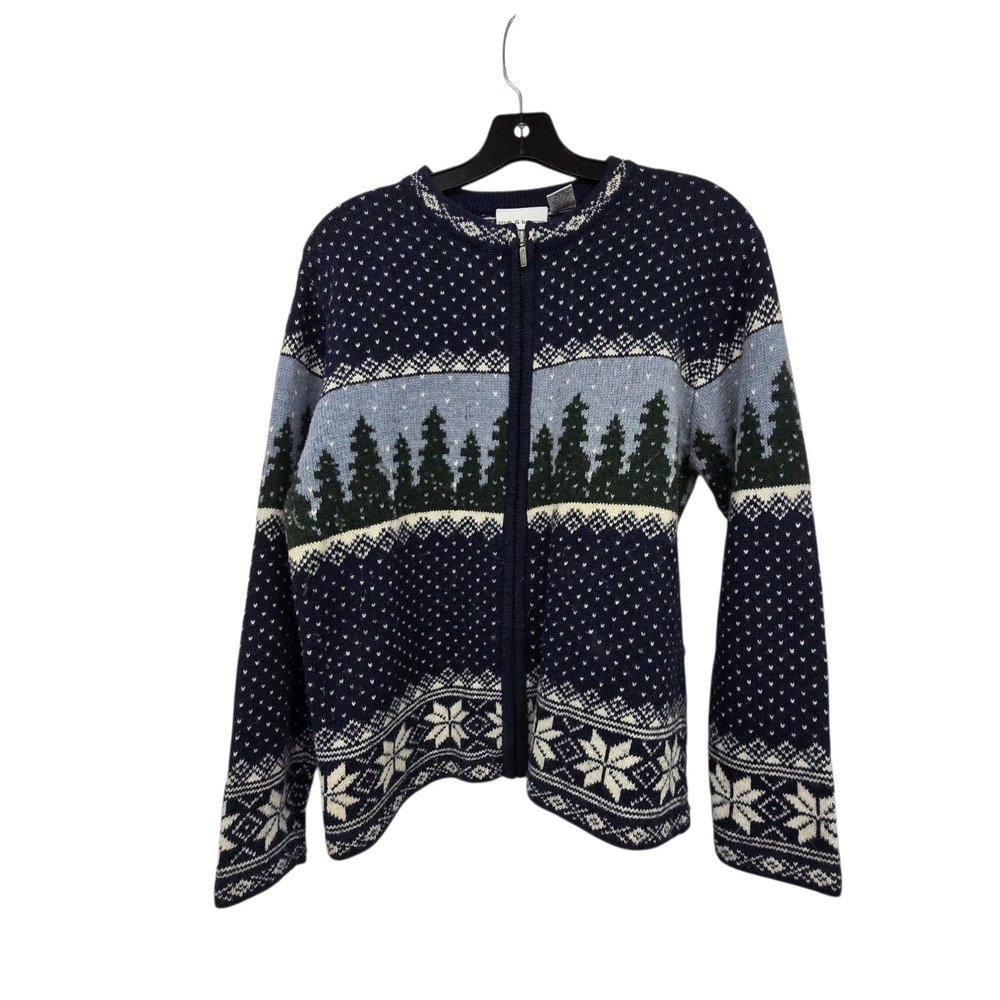 Vintage 90s Fair Isle Full Zip Sweater Womens M Blue Forest Trees Nature Winter